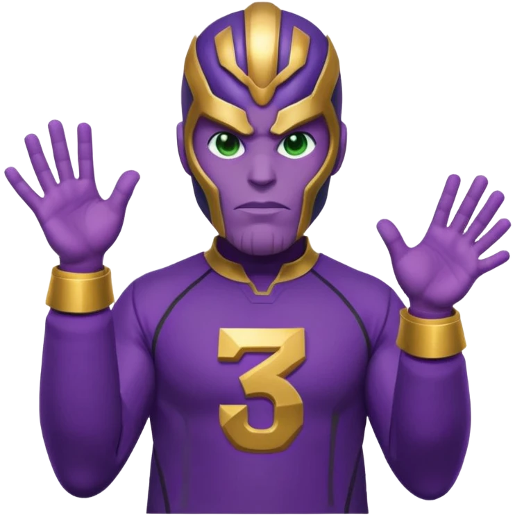 Emoji style T.O.P as Thanos, purple skin, powerful jaw, confident mischievous look, Squid Game Player 230 green tracksuit with number, subtle Infinity Gauntlet details on one hand, minimal, bold, bright, playful emoji