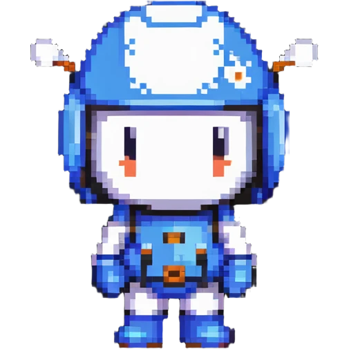 Classic bomberman character, blue and white colors, round helmet with antenna, cute pixel art style emoji