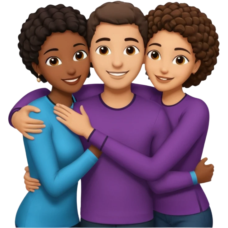  middle Eastern man with short brown hairwith two black african women both are African one is medium tone light tone skin black and one is medium tone black with african hair styles. and they are all smiling and putting their arms around each other and kiss, kissing and hugging. emoji