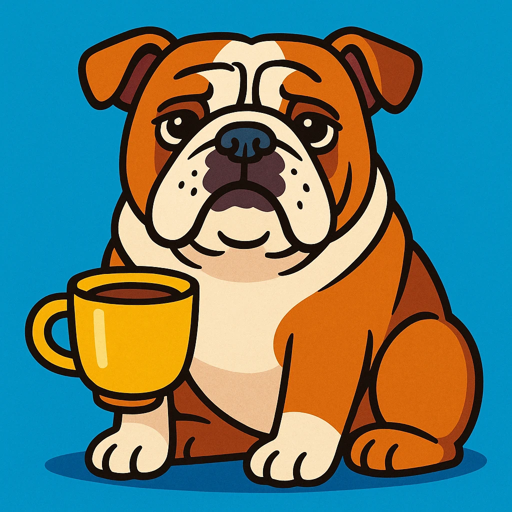 English Bulldog sitting patiently, holding a coffee cup, vibrant cartoon style emoji