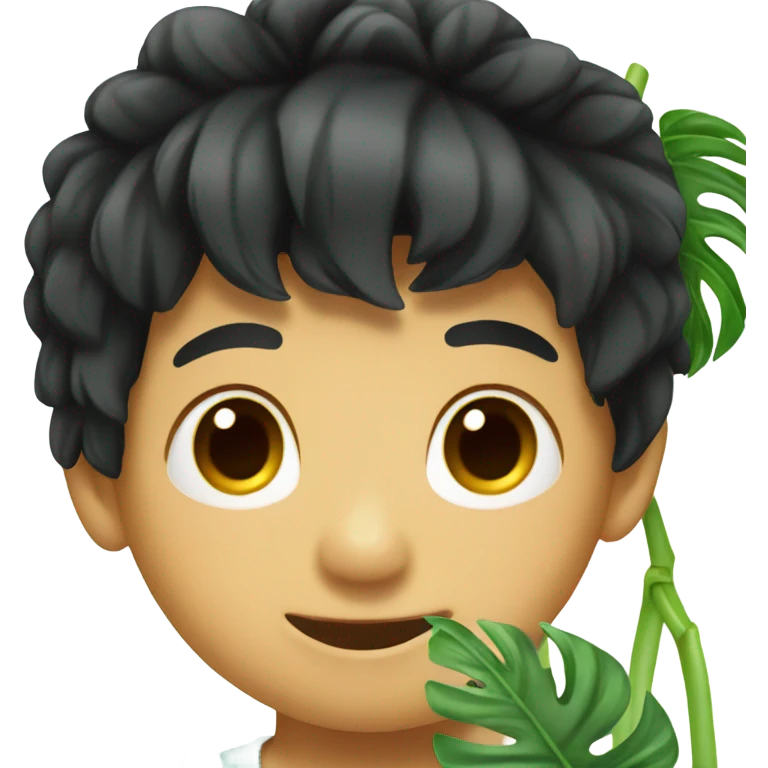 Asian boy with black hair holding monstera plant emoji