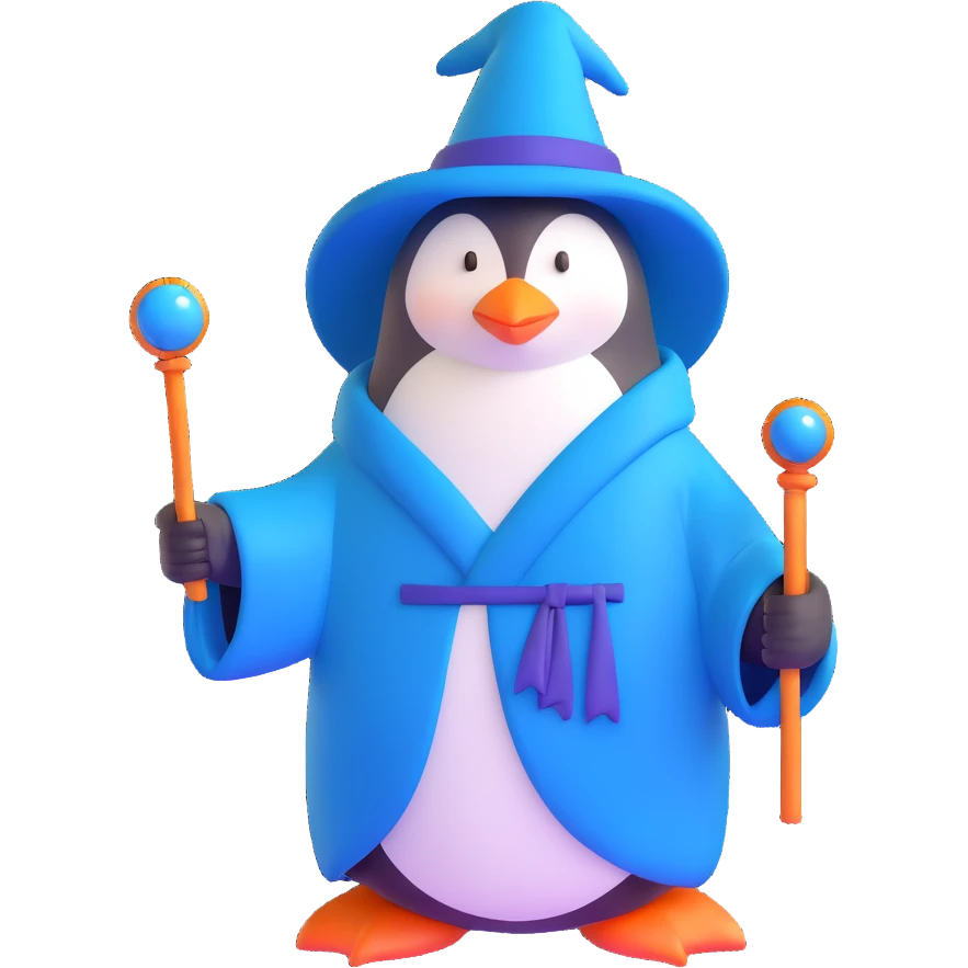 penguin wizard with a blue robe and magic wand emoji