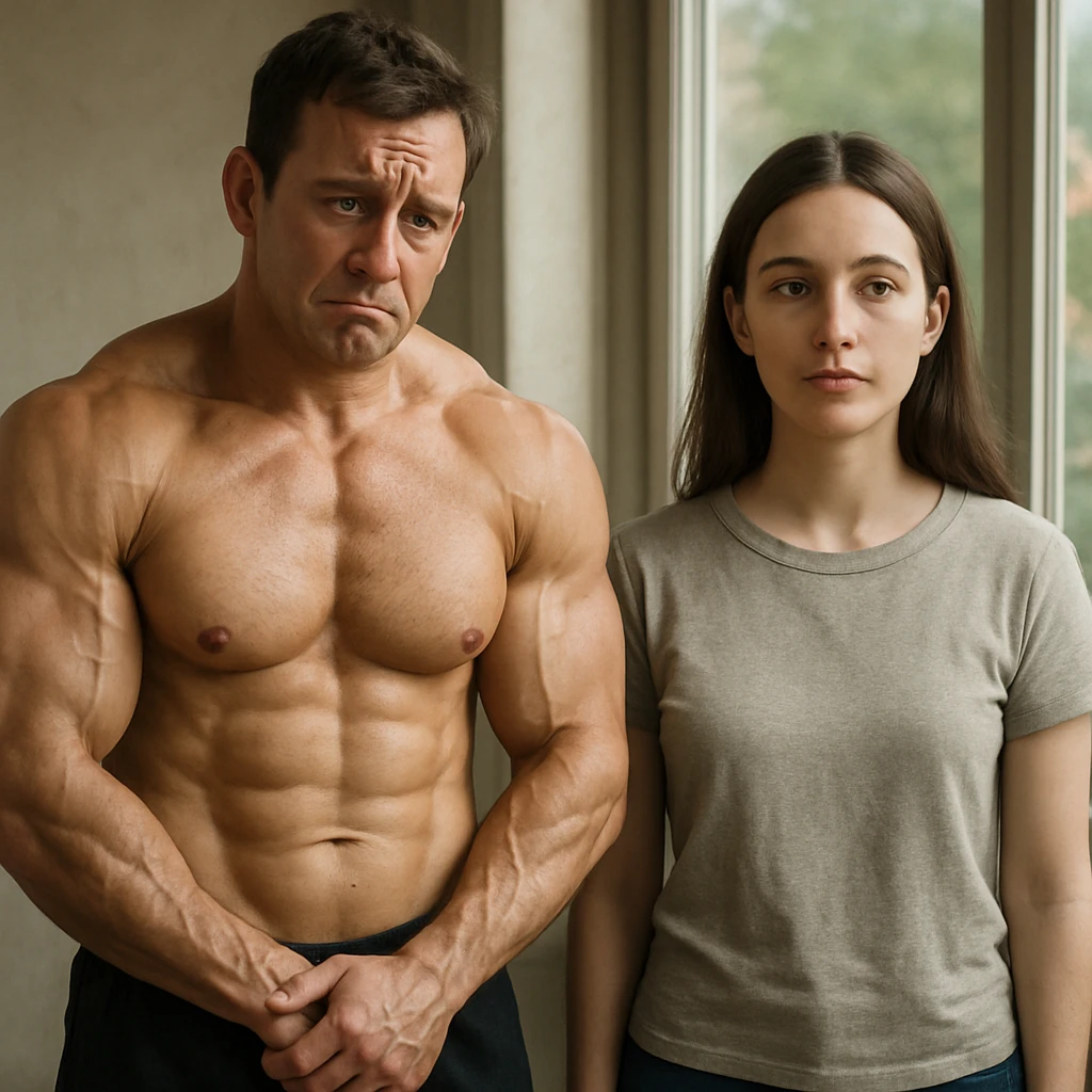 hyperrealistic muscular male bodybuilder standing next to a woman. The bodybuilder looks agitated, anxious, and insecure with a low self-esteem expression. The woman appears calm or neutral. Realistic environment with natural lighting and detailed features. emoji