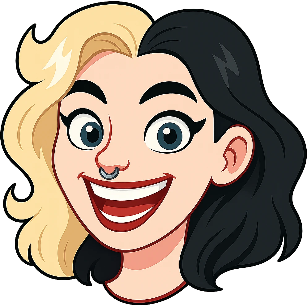 Edit the image in the style of a Telegram sticker. Show only the upper row of teeth when smiling, no white outline. Keep the head with hair, blue eyes, very pale skin, neat nose with piercing, and no background. emoji
