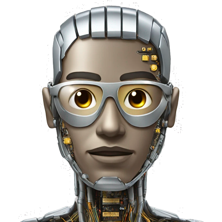 Male cyborg head with metallic skin, flat top, rectangular glasses and circuits emoji