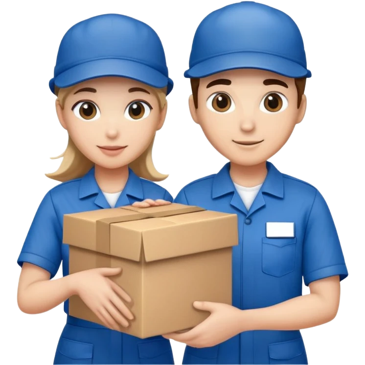 two suppliers in blue work uniforms wearing hat-style caps holding a big box together emoji