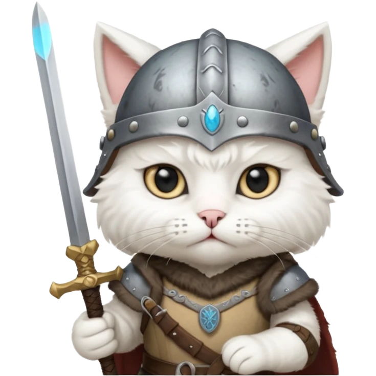 white cat with viking helmet and sword emoji