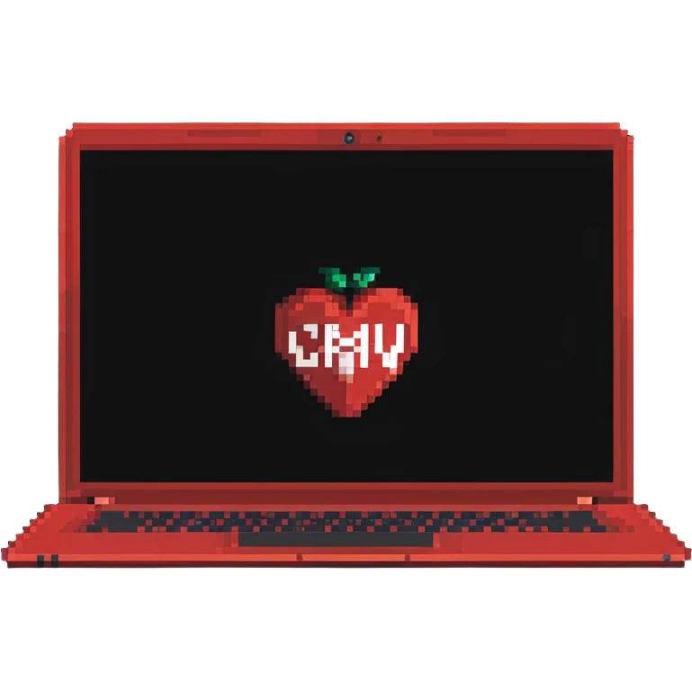 a red laptop having a logo that says cmv on the back of it emoji
