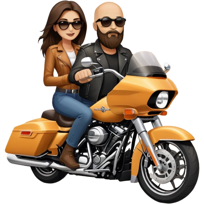 Harley Davidson road glide bearded bald sunglasses man  with brunette girl  pillion emoji