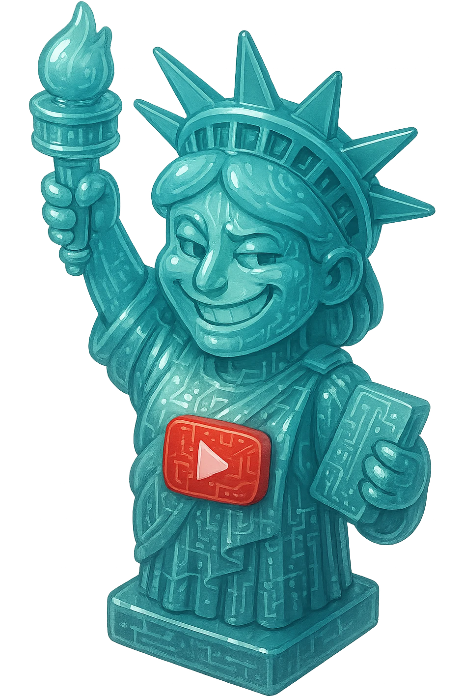 Statue of Liberty  with a playful sarcastic grin, red YouTube play button, glossy circuit style emoji