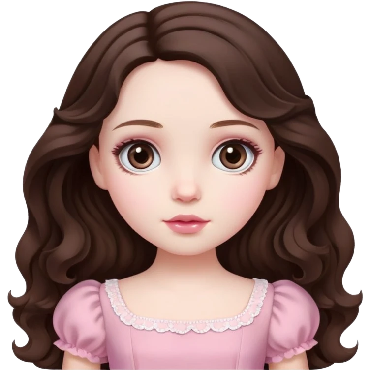Hazel doll eyes, dark brown wavy hair, feminine, pink, girl, pale  emoji