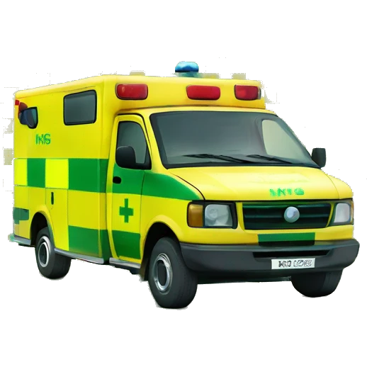 British NHS ambulance, yellow body, with green and yellow checkerboard print along the bottom. NHS logo on the side.  emoji