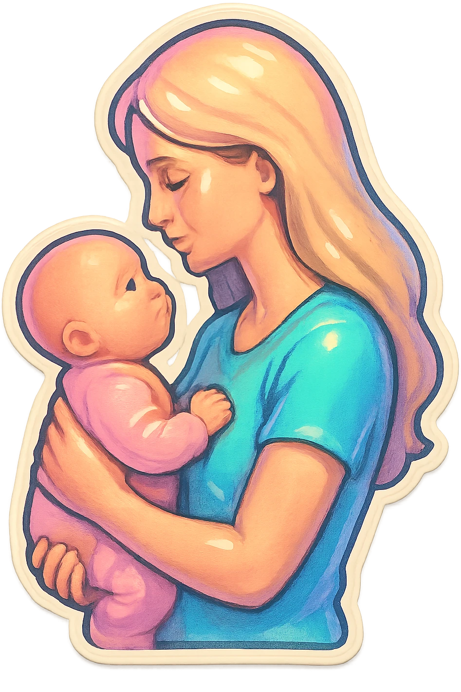 adult woman with long light hair holding a baby in her arms, gently looking at the baby, side view, thin clean outlines, soft rounded shapes, pastel palette, retro sticker aesthetic, detailed shadows and highlights, soft lighting emoji
