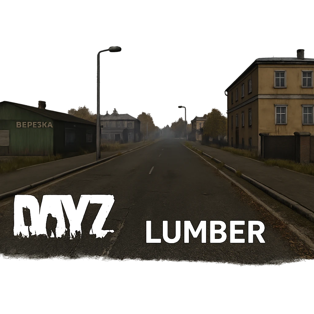 a view of the city street in a videogame: DayZ - in the town of berezio "lumber" emoji