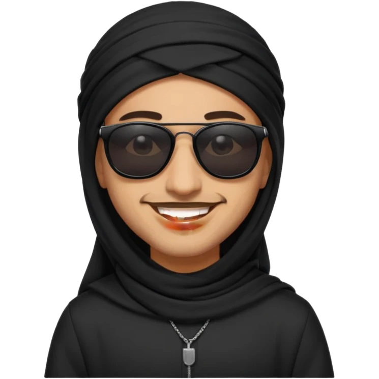 Un árabe con tu ropa negra y con gafas de sol negras que sonria emoji