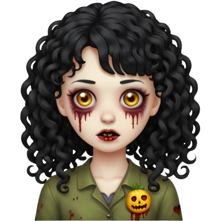 Emoji garota zombie com cabelo preto cacheado longo com franja cacheada sem volume emoji