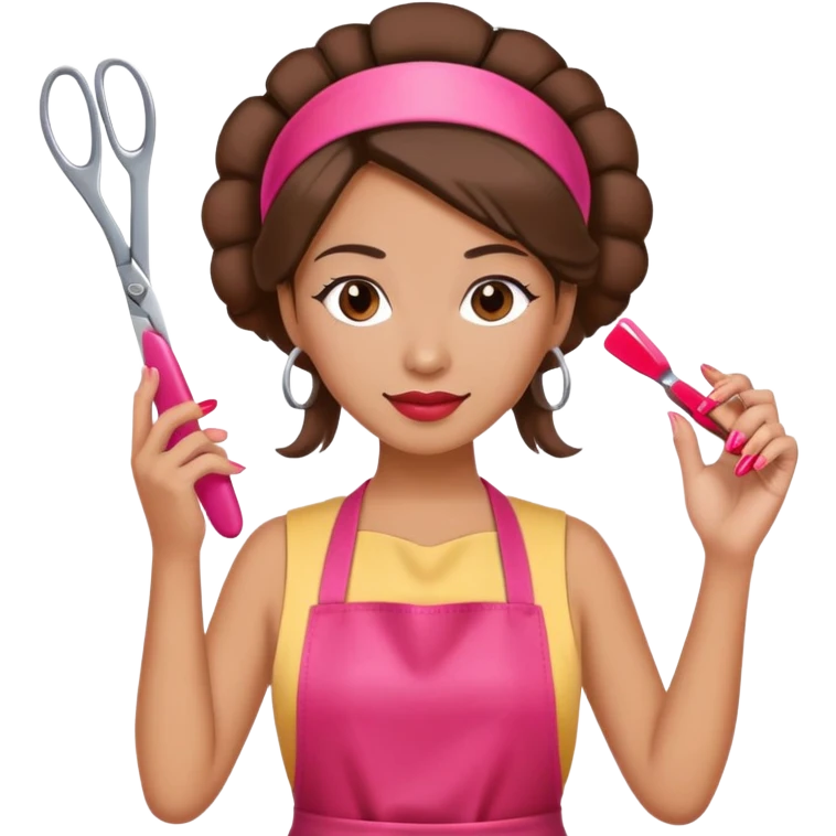 Woman with hair styled in headband, wearing red apron, holding pink nail polish in one hand and scissors in other hand, beauty salon worker emoji