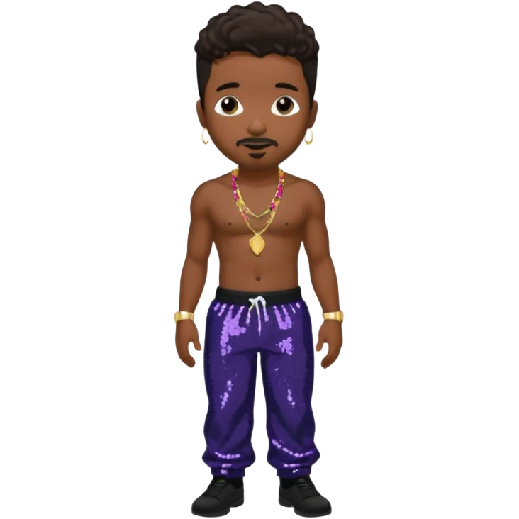 Stevie J, Record Producer with dark brown hair, black sequin baggy pants, shirtless with necklace emoji