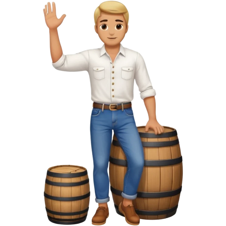 Make him stand up with 1 foot on top of the barrel emoji