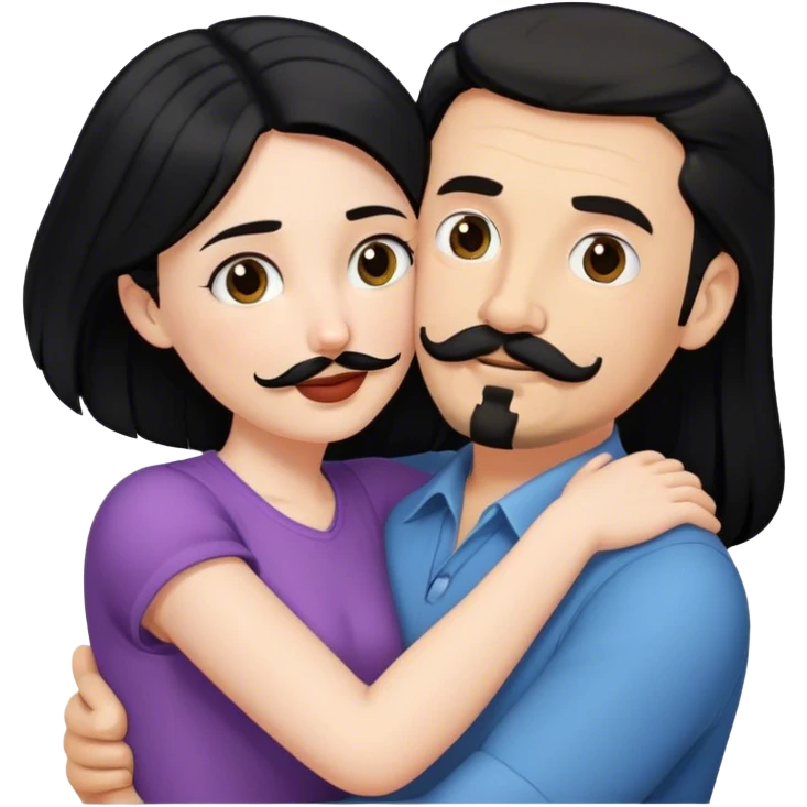 Tall white man with dark brown mustache and goatee hugging a short pale woman with long black hair emoji