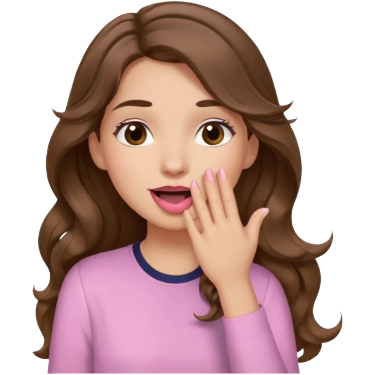 girl with wavy long brown hair, brown eyes, light to medium complexion, long lashes, light pink lipstick, wearing light pink shirt, sexy, gigling hand covering mouth emoji