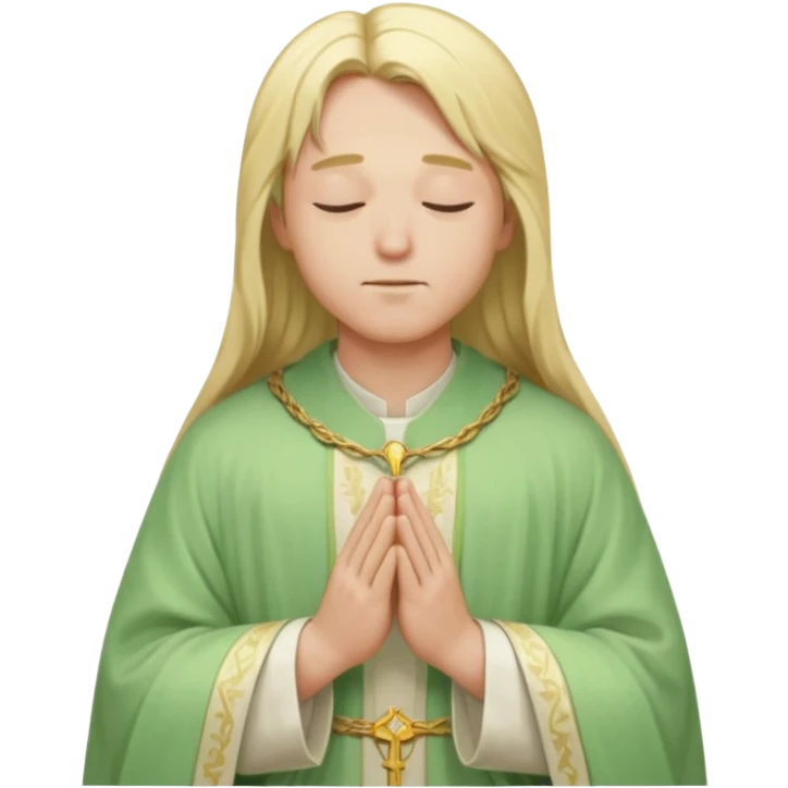 a young bishop, long blonde hair, light green wide, flowing outer robe. hands clasped together, eyes closed. Soft light, subtle fern. Waist-up, profile. emoji