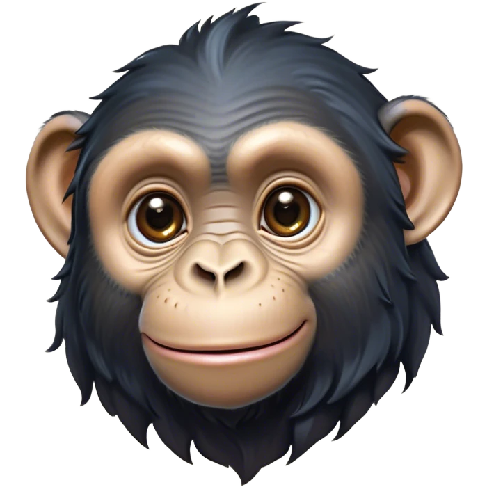 Cinematic Cute Chimpanzee Portrait Emoji, Head tilted playfully and inquisitively, with a smooth, expressive face accented by softly ruffled fur and round, sparkling eyes full of mischief, Simplified yet irresistibly adorable features, highly detailed, glowing with a warm, friendly glow, high shine, affectionate and lively, stylized with a touch of whimsical charm, soft glowing outline, capturing the essence of a mischievous yet loving chimpanzee that feels like it could leap out of the screen into your arms! emoji