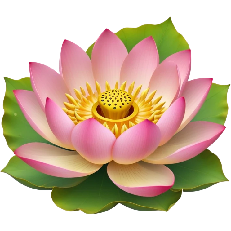 Simple pink lotus flower with accurate yellow seedpod center with distinct holes for seeds, surrounded by pink petals and characteristic notched lotus leaf emoji