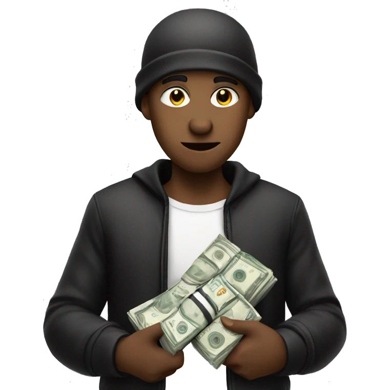 Robber wearing white and black clothes and holding a bag full of money emoji