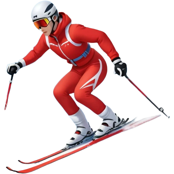 An icon featuring snowy peaks, pine trees, and a picturesque mountain landscape with a skier racing down a snow-covered slope. The sky is blue with soft clouds, capturing the thrill and beauty of alpine skiing. Transparent background highlights the excitement and serenity of winter sports. emoji
