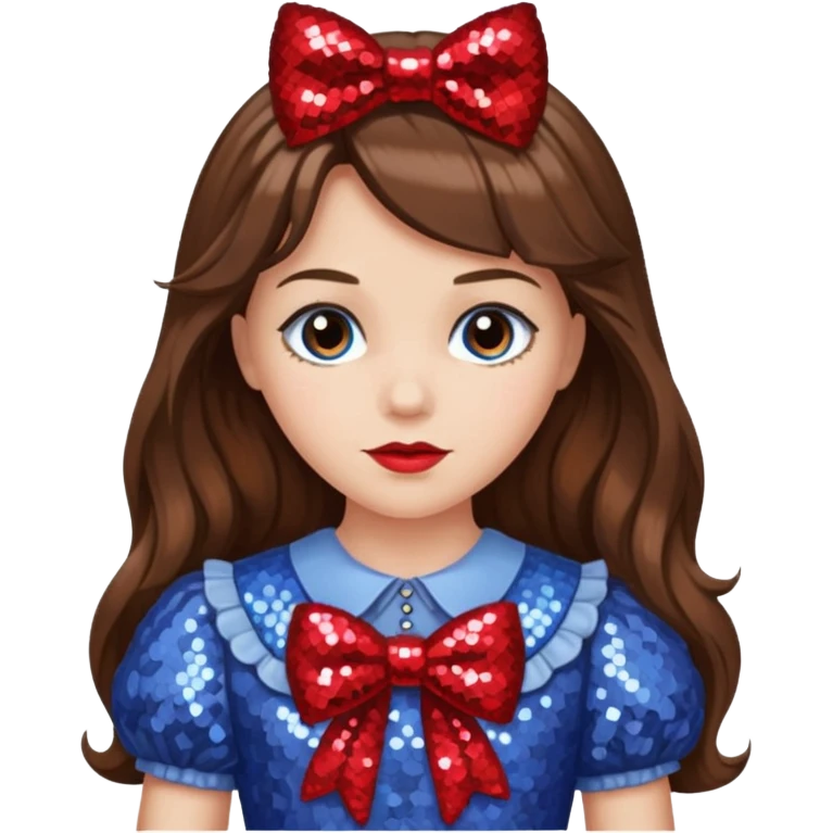 Dorothy Gale from the Wizard of Oz with long brown hair, periwinkle sequin outfit, red sequin bow emoji