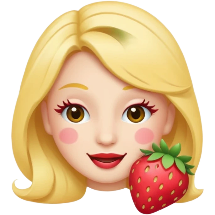 Emoji coquette, winking face with tiny strawberry sticker on cheek, fluttering eyelashes, pastel peach background, minimal vector, 512x512, transparent background
 emoji