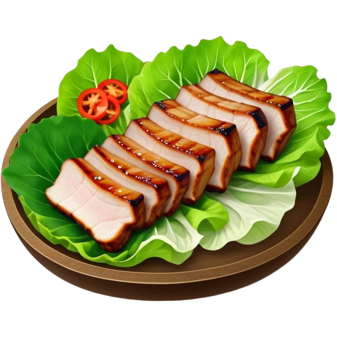 Samgyeopsal Cinematic Realistic Samgyeopsal Dish Emoji, depicted as slices of grilled pork belly served in crisp lettuce leaves with assorted fresh vegetables, rendered with dynamic textures and appetizing, natural lighting. emoji