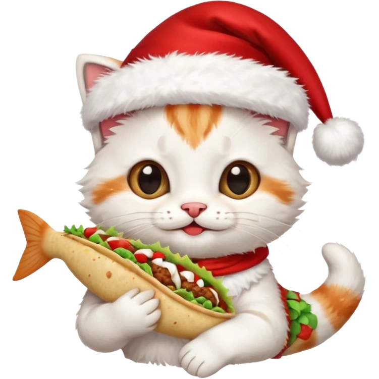 Happy Cute Kitten wearing a Santa hat and holding a fish taco  emoji