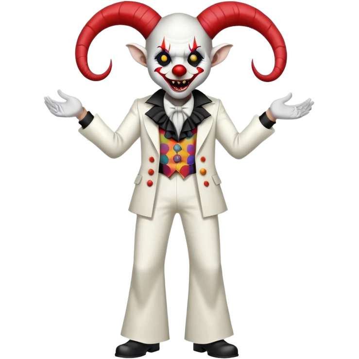 full-body demonic clown in a white leisure suit with bellbottom pants, bald, with black ram horns, flashy belt, ruffled shirt, no neck tie, large fangs in mouth emoji