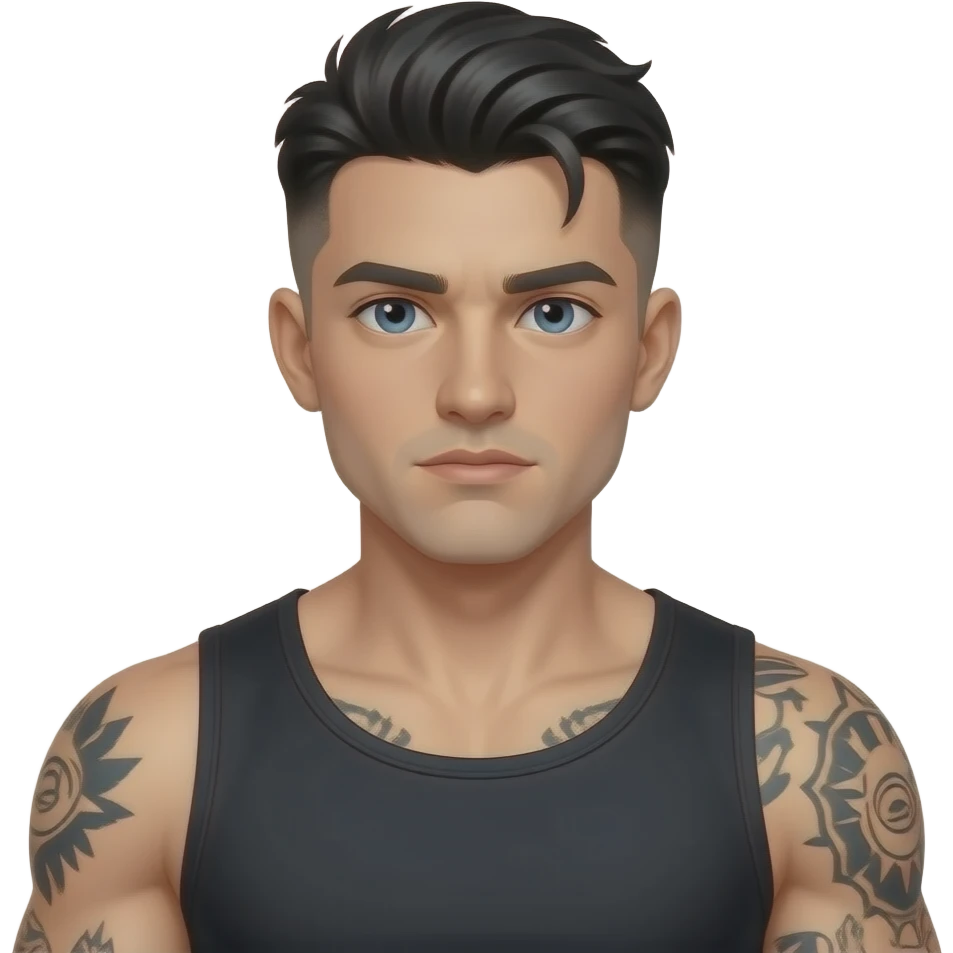 insolent gars cheveux noirs low taper fade look dark beau et yeux bleus peau laiteuse pâle et tatoué musclé 25 ans emoji