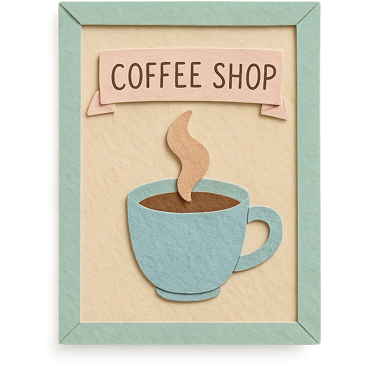 coffee shop wall art frame, soft pastel colors, hand-drawn style emoji