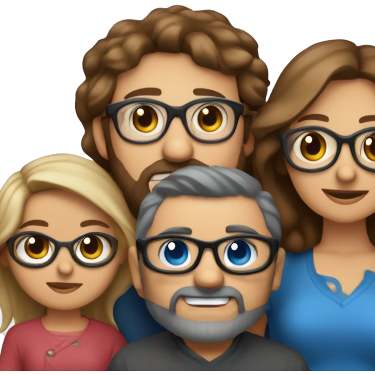 FAMILIA DE 4 PERSONAS Y UN PERRO MARRÓN PEQUEÑO. BEBE RUBIO OJOS AZULES, NIÑO RUBIO CON GAFAS AZULES OJOS MARRONES, MAMA RUBIA OJOS AZULES GAFAS NEGRAS Y PAPA CASTAÑO CON BARBA emoji