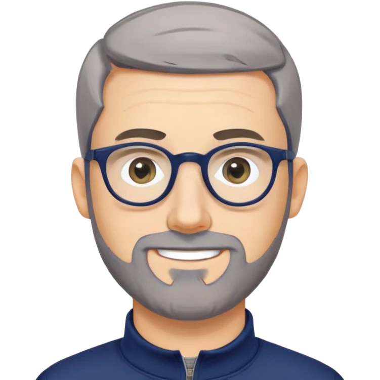 Caucasian man with oval face, hair cut extremely short and tight to head (military style), short beard with gray streaks, large black eyeglasses, cheerful expression, wide body type, navy blue long sleeve sweatshirt with quarter zip emoji