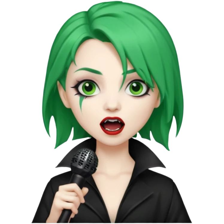 green haired, vampire makeup,holding microphone, singing emoji