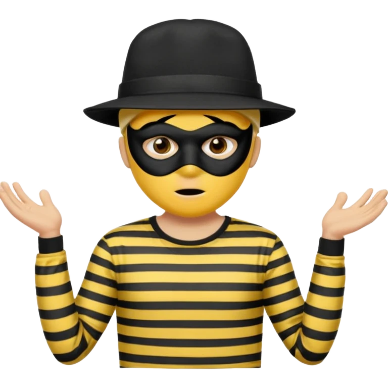Shrugging shoulders emoji but wearing cliche robber outfit not holding any money, emoji yellow skin tone male emoji