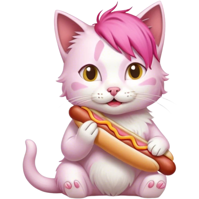 cat with pink hear working on UX eating a hotdog emoji