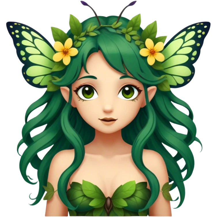 Cinematic Realistic Forest Nymph Fairy Portrait, head tilted playfully and inquisitively, showcasing a nature-inspired form with intricately detailed, sunlit tanned skin and cascading dark green hair interlaced with leaves and blossoms showing her large butterfly wings from her back. Her bright, curious eyes sparkle with forest mischief, rendered with lifelike clarity and warm, dappled lighting that captures the spirit of an enchanting woodland fairy ready to dance among the trees. emoji