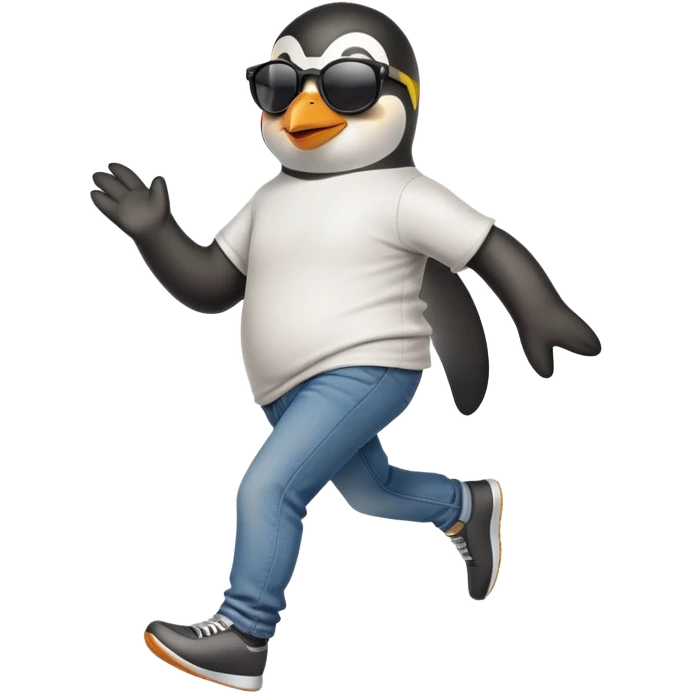 friendly anthropomorphised penguin in jeans and a t-shirt, wearing dark sunglasses, jogging upright, relaxed pose emoji