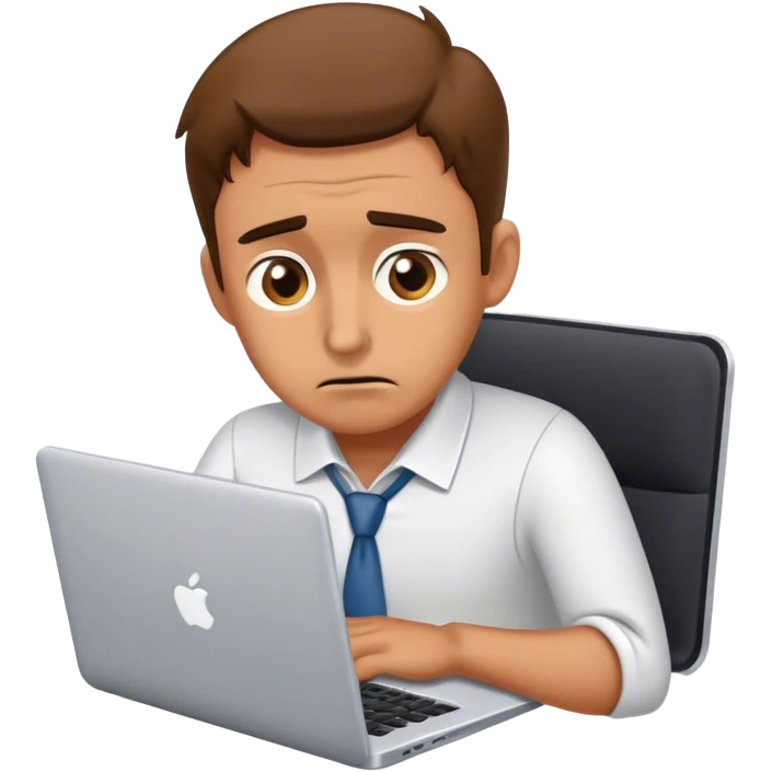 Design an emoji of a frustrated entrepreneur looking at their laptop, seeing low income numbers (5-15k/m). The character has a confused or disappointed expression, feeling stuck in business growth emoji