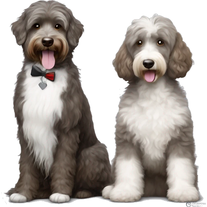 Brown and white tuxedo poodle beside a all grey aussiedoodle emoji