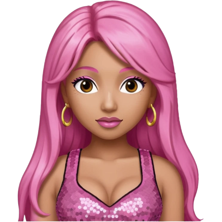 Nicki Minaj with long pink hair, pink sequin crop top, dark brown eye emoji