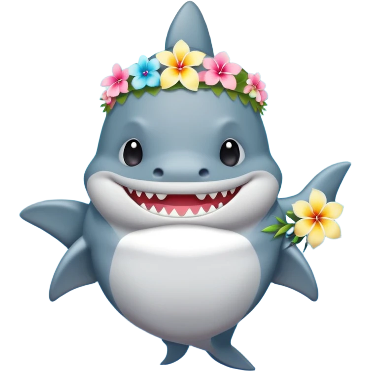 A cute chubby shark with hawaii pastel flower necklace and hawaiian flower crown, posing proudly. emoji