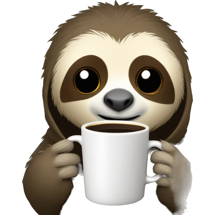 Cute sleepy Sloth in black turtleneck with coffee mug simple ios emoji