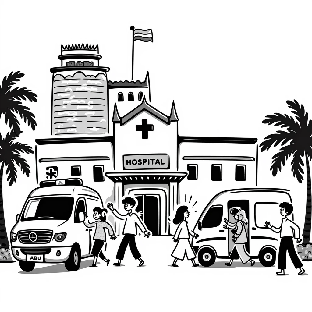 Busy Bangkok hospital exterior with ambulance and Thai architectural details emoji